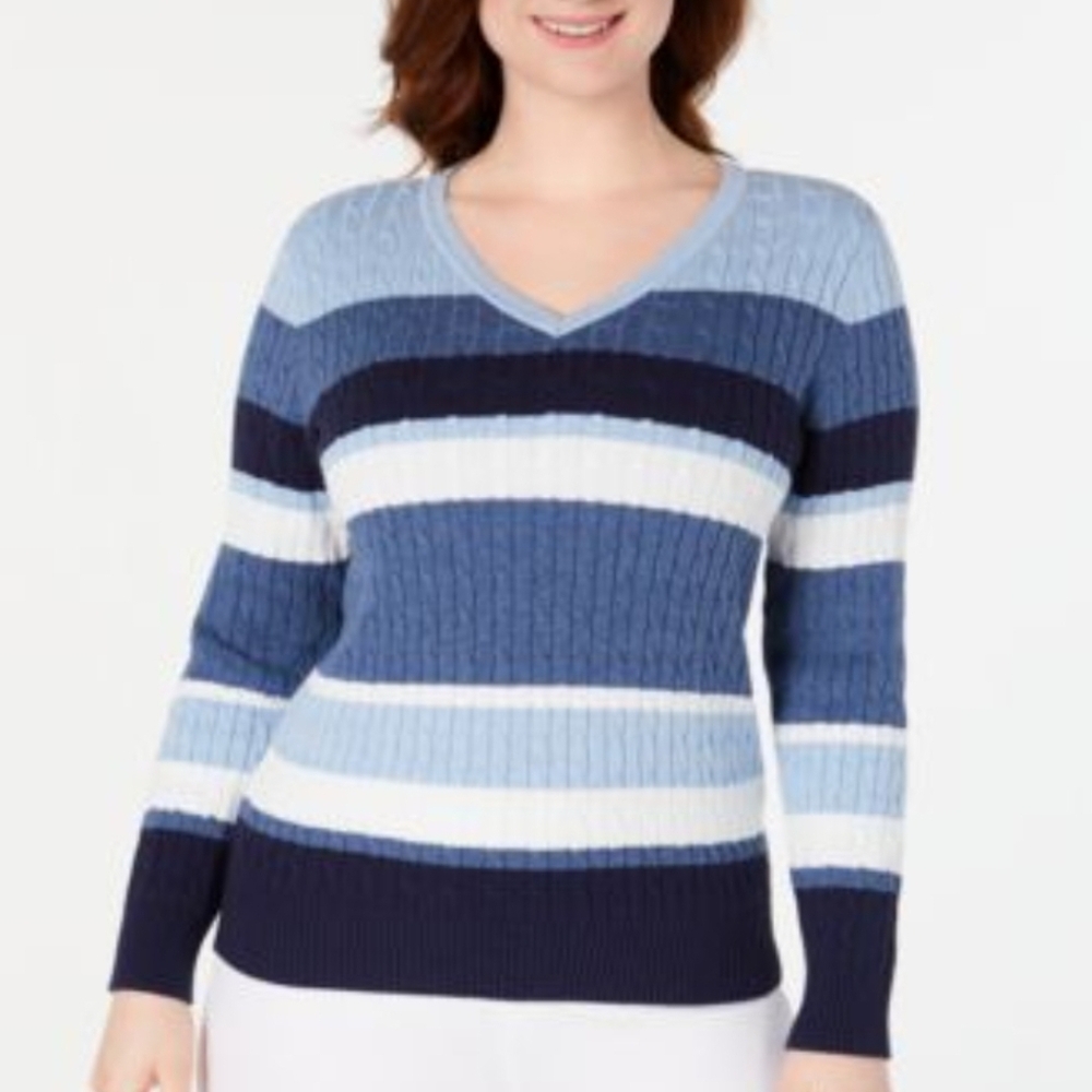 KAREN SCOTT‎ | Cozy Casual Fitted Blue White Stripe Cotton V-Neck Sweater | S
